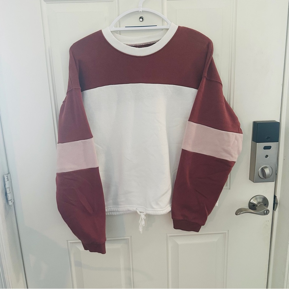 American Eagle Sweatshirt M | Maroon Pink White Colorblock Tie-Waist Soft